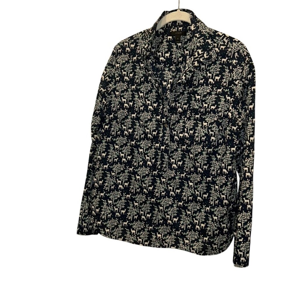 j. crew midnight Winter Blue HOLIDAY reinDEER print cotton pop over tunic top 10